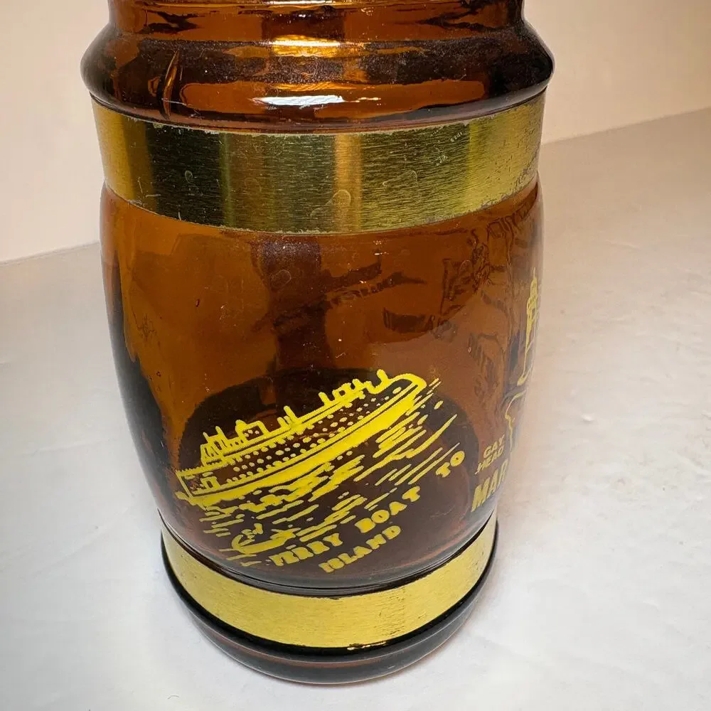 Vintage Marthat's Vineyard Mass Souvenir Brown Glass Barrel Mug Wood Handle